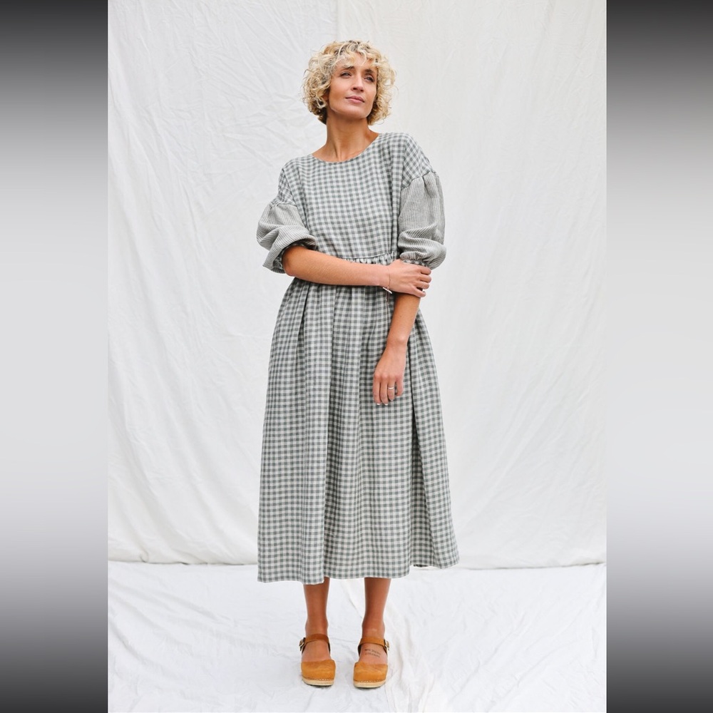 OffOn Gingham linen dress w/ striped sleeves